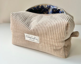 Corduroy Makeup Box Bag Beige, Travel Toiletries Bag Zippered Soft Pouch