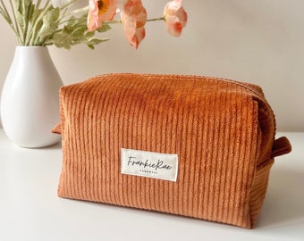 Corduroy Makeup Box Bag Rust Brown, Travel Toiletries Bag Zippered Soft Pouch