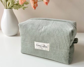 Corduroy Makeup Box Bag Sage Green, Travel Toiletries Bag Zippered Soft Pouch