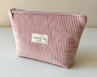 Corduroy Makeup Pouch Bag Rose Pink, Travel Toiletries Bag Zippered Soft Pouch
