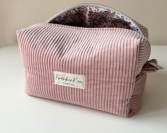 Corduroy Makeup Box Bag Rose Pink, Travel Toiletries Bag Zippered Soft Pouch