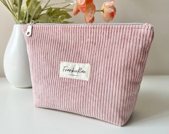 Corduroy Makeup Pouch Bag Rose Pink, Travel Toiletries Bag Zippered Soft Pouch