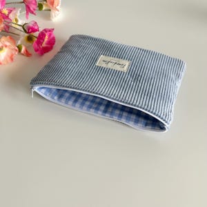 Corduroy Flat Pouch Sky Blue, Zippered Soft Makeup Brush Bag, Travel Wallet, Pencil Case