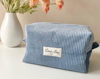 Corduroy Makeup Box Bag Sky Blue, Travel Toiletries Bag Zippered Soft Pouch