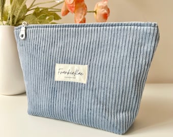 Corduroy Makeup Pouch Bag Sky Blue, Travel Toiletries Bag Zippered Soft Pouch