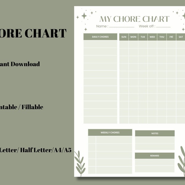 Chore Chart for Kids and Adults, Responsibilities Chart, To Do List, A4/A5/US Letter/Half Letter size, fillable(A4)PDF, Instant Download PDF