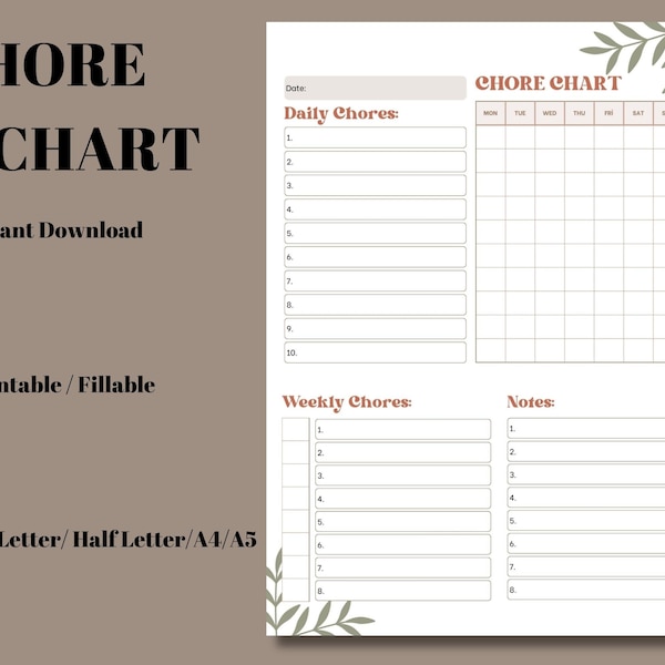 Chore Chart for Kids and Adults, Responsibilities Chart, To Do List, A4/A5/Letter/Half, Instant Download PDF