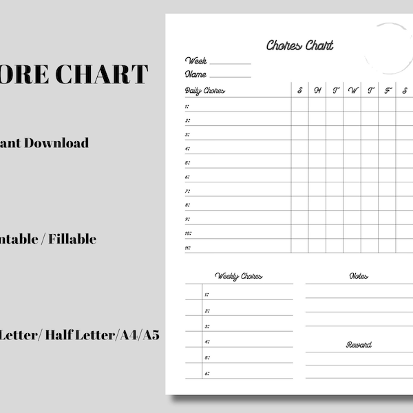 Chore Chart for Kids and Adults, Responsibilities Chart, To Do List, A4/A5/US Letter/Half Letter size, fillable(A4)PDF, Instant Download PDF