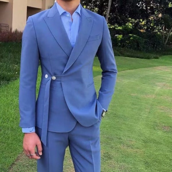 Men Blue Robe 2 Piece Suits For Men Tuxedo Slim Fit Suits Stylish Groom Wedding Suits Dinner Party Wear Prom Suit