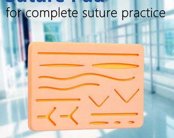 Reusable Suture Pad for quality suturing practice, silicone material, 14 pre-cut wounds of different shapes, with in-built mesh layer