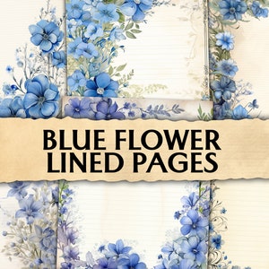 Junk Journal Blue Flower Lined Pages, Pages minables imprimables, Pages de journalisation, Junk Journal Paper, Scrapbook Paper, Kit de papeterie, vintage