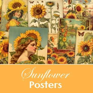Affiches de tournesol imprimables, tournesols vintage, éphémères de tournesol, affiches numériques, kit de journal indésirable, album de tournesol, kit d’affiches