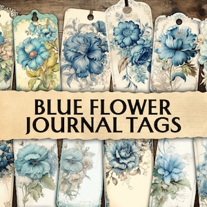 Junk Journal Blue Flower Tags, Antique Tags, Flower Shabby Journaling Tags, Journal Inserts, Printable Cards Journal Tags, Vintage Blue Tags
