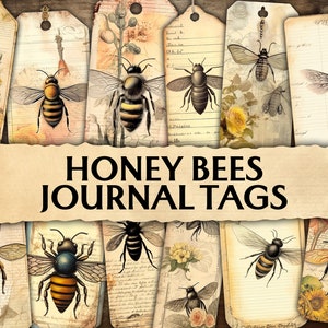 Junk Journal Honey Bees Tags, Antique Tags, Honey Bees Journaling Tags, Journal Inserts, Printable Journal Tags Cards, Vintage Tags Bees
