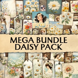 MEGA BUNDLE Junk Journal Daisy Pack, Printable Scrapbook Supplies, Ephemera Daisy Vintage, Junk Journal Kit, Shabby, Daisies, Flower, Papers