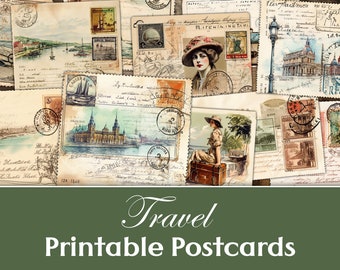 Junk Journal Travel Postcards, Printable Postcards Vintage, Shabby Postcard, Card, ATC, Scrapbook Postcards, Traveling Ephemera Postcards