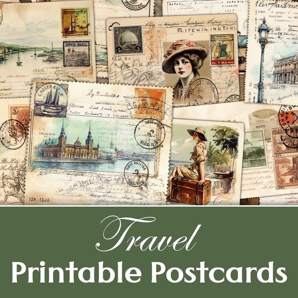 Junk Journal Travel Postcards, Printable Postcards Vintage, Shabby Postcard, Card, ATC, Scrapbook Postcards, Traveling Ephemera Postcards