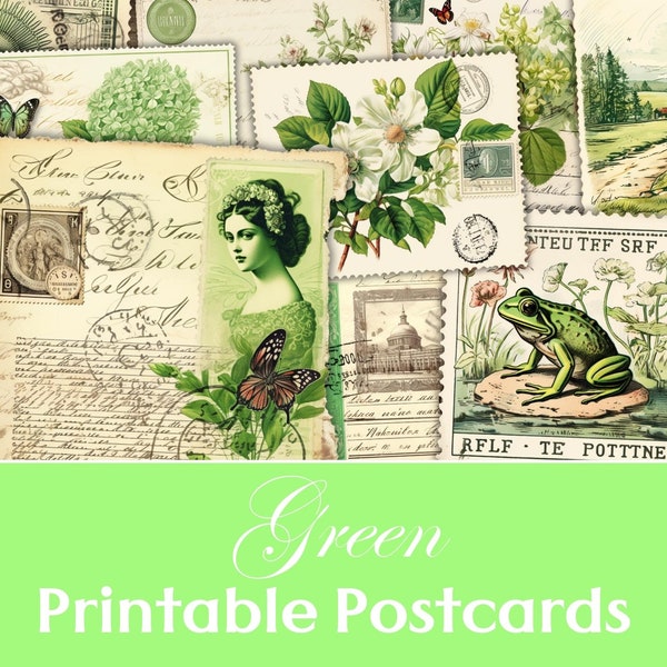 Green Postcards, Junk Journal Postcards, Printable Postcards, Green Ephemera, Junk Journal Kit, Scrapbooking, ATC, Card, Mail, Envelopes