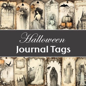 Junk Journal Halloween Tags, Printable Shabby Tags, Journaling Tags, Ephemera Cards, Scrapbook, Pumpkin, Ghost, Skeleton, Witch, Haunted