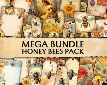MEGA BUNDLE Junk Journal Honey Bees Pack, Printable, Scrapbook Supplies, Ephemera, Pages, Stickers, Clipart, Tags, Junk Journal Kit, Paper