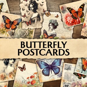 Butterfly Postcards, Junk Journal Postcards, Printable Postcards Vintage, Shabby Postcards, Postcard Template, Scrapbook Postcards, Ephemera