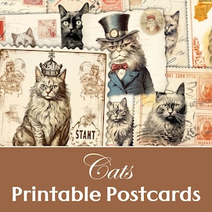 Junk Journal Cats Postcards, Printable Postcards Vintage, Shabby Postcard, Card, ATC, Scrapbook Postcards, Cats Ephemera Postcards, Kitty