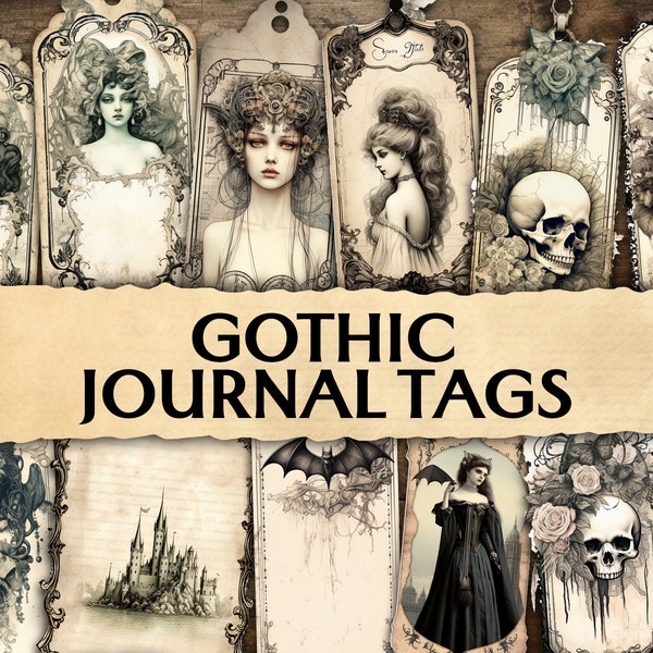 Junk Journal Gothic Tags, Antique Tags, Goth Journaling Tags, Journal Inserts, Printable Cards Journal Tags, Vintage Gothic Shabby Tags