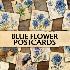 Postales de flores azules de Junk Journal, Postales imprimibles Vintage, Postales en mal estado, Tarjeta, ATC, Postales de álbum de recortes, Postal Liliac Ephemera