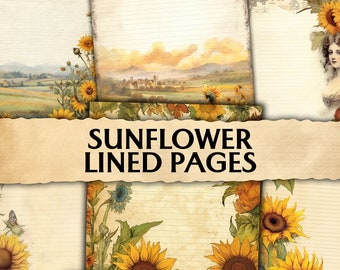 Junk Journal Sunflower Lined Pages, Printable Shabby Pages, Journaling Pages, Junk Journal Paper, Scrapbook Paper, Stationery Kit, Vintage