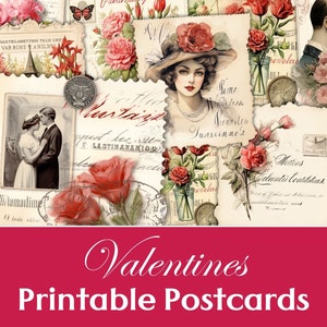 Junk Journal Valentines Postcards, Printable Postcards Vintage, Shabby Postcard, Card, ATC, Romantic Postcards, Valentines Envelopes, Post