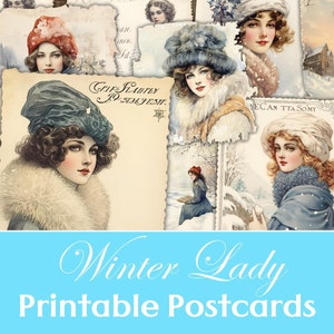 Cartes postales d'hiver, Cartes postales pour ordures ménagères, Carte postale imprimable, Winter Lady Ephemera, Scrapbooking, Kit pour ordures ménagères, ATC, Carte postale, Courrier, vintage