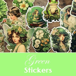 Green Stickers, Vintage Green Fussy Cuts, Junk Journal Green Ephemera, Printable, Notes Stickers, Dream, Cottage, Garden, Fairy, Tea, Green