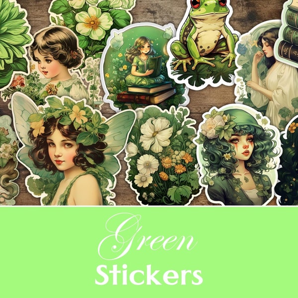 Green Stickers, Vintage Green Fussy Cuts, Junk Journal Green Ephemera, Printable, Notes Stickers, Dream, Cottage, Garden, Fairy, Tea, Green