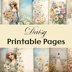 Junk Journal Daisy Pages, Printable Shabby Papers, Journaling Pages, Ephemera Paper, Scrapbook, Daisy Vintage, Daisies, Flowers, Garden, DIY