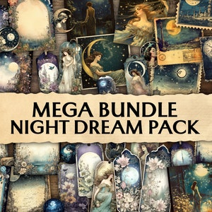 MEGA BUNDLE Junk Journal Night Dream Pack, Fournitures de scrapbooking imprimables, Éphémères, Pages de journal, Étiquettes de journal, Kit de journal indésirable, Lune, DIY