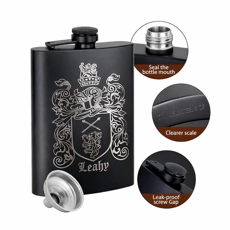 Personalized Family Crest Coat of Arms Laser Engraved Flask 画像 5