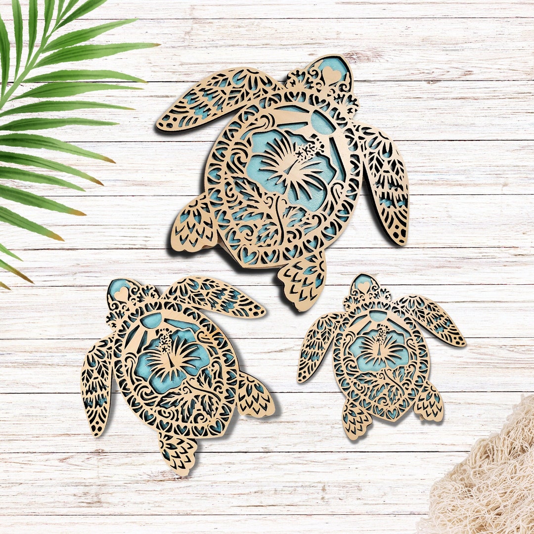 Hibiscus Sea Turtles Family Wall Art Tropical Hawaiian Home Decor Boho