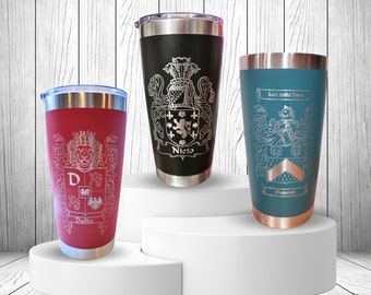 Family Crest Engraved Tumbler | Coat of Arms Travel Mug | Personalized Custom Gifts for Father's Day