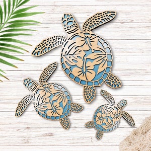 Sea Turtles Family Wall Art | Tropical Hawaiian Home Decor | Boho Sea Turtle Ohana Family | Laser Engraved Gifts & Decor | Sea Turtle Decor