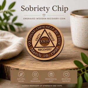 May include: A round, wooden sobriety chip with engraved text. The chip features the words "To Thine Own Self Be True" and "Unity, Service, Recovery." The center has a triangle with "XXIV" and "Recovery" below. The date "March 16, 1999" is also visible. The text "Sobriety Chip" is at the top.