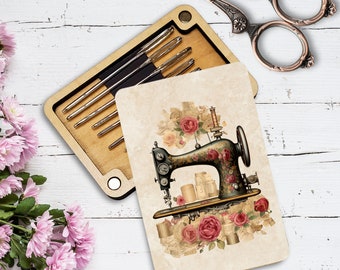 Floral Sewing Machine Needle Minder: Wooden Organizer