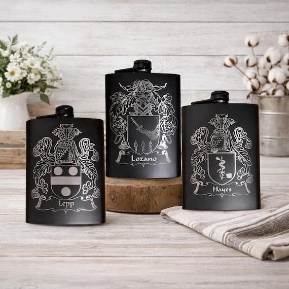 Personalized Family Crest Coat of Arms Laser Engraved Flask