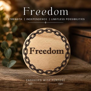 May include: A round wooden disc with the word "Freedom" engraved in a bold font, encircled by a chain design. The image includes the words "Strength | Independence | Limitless Possibilities" and "Engraved with Purpose".