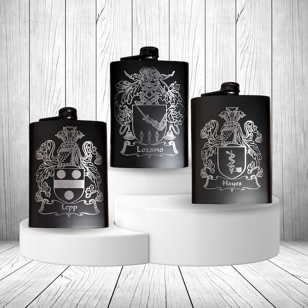 Family Crest Engraved 8oz Flask | Coat of Arms Barware | Wedding Groomsmen Personalized Gifts