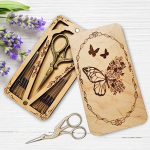 Floral Butterfly Scissor Storage Case Combo | Needle Minder | Wooden Embroidery Scissors Keeper | Personalized Gifts | Scissors Not Included