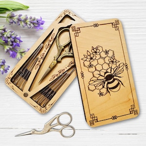 Honeycomb Bee Scissor Needle Minder Combo Storage Case | Wooden Embroidery Scissor Keeper | Sewing Notions Organizer | Scissors Not Included
