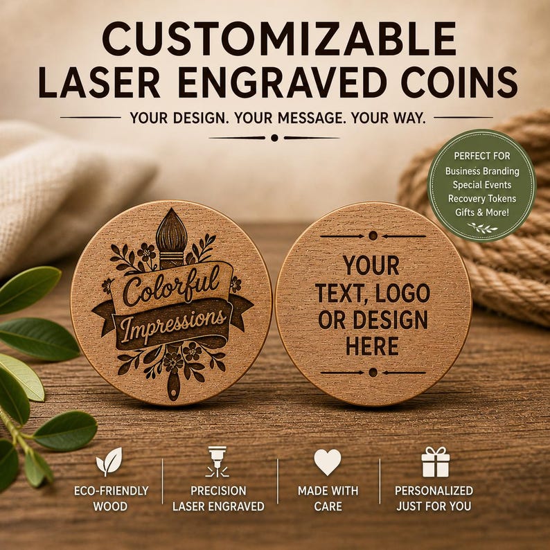 Personalized Wooden Coins With Custom Logo – Laser Engraved Wood Tokens ...