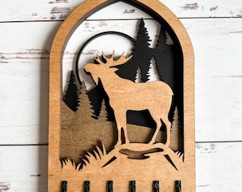 Moose Key Hanger Wall Plaque: Laser Cut Maple Wood, Rustic Home Decor