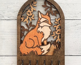 Sitting Fox Laser Cut Key Hanger: Handcrafted Maple Wood Wall Decor
