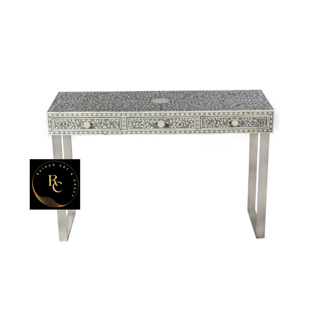 Handmade Bone Inlay Desk, Bone Inlay Console Table With 3 Drawer ...
